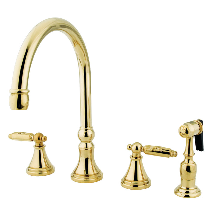 Georgian GS2792GLBS Two-Handle 4-Hole Deck Mount Widespread Kitchen Faucet with Side Sprayer, Polished Brass