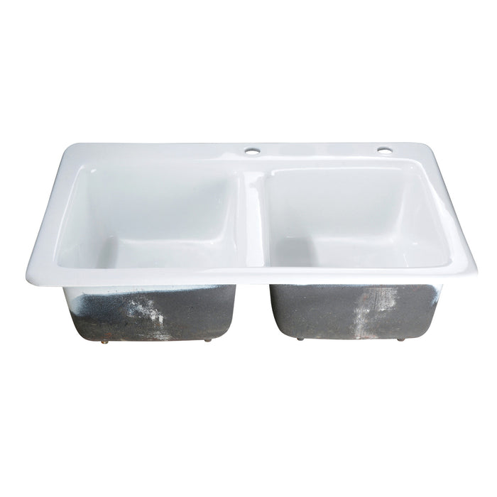 Petra Galley GT33229D2 33-Inch Cast Iron Self-Rimming 2-Hole Double Bowl Drop-In Kitchen Sink, White