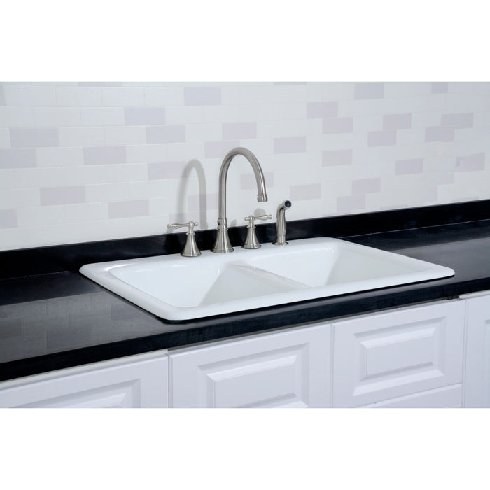 Petra Galley GT33229D4 33-Inch Cast Iron Self-Rimming 4-Hole Double Bowl Drop-In Kitchen Sink, White