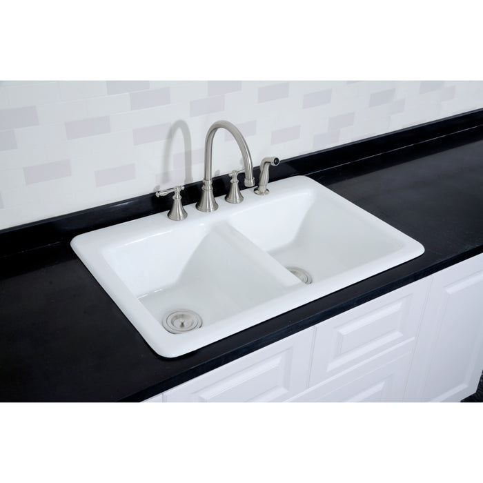 Petra Galley GT33229D4 33-Inch Cast Iron Self-Rimming 4-Hole Double Bowl Drop-In Kitchen Sink, White
