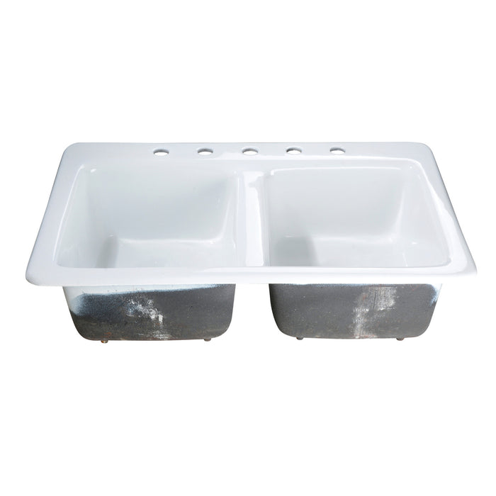 Petra Galley GT33229D5 33-Inch Cast Iron Self-Rimming 5-Hole Double Bowl Drop-In Kitchen Sink, White