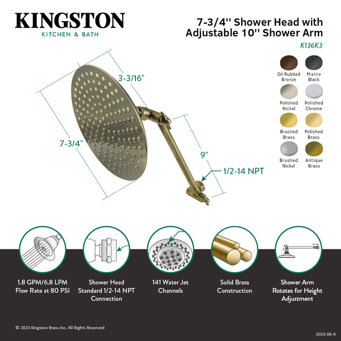 Kingston Heirloom K136K3 - Victorian 7-3/4 Inch Round Raindrop Brass Shower Head with 10-Inch High-Low Adjustable Shower Arm, Antique Brass
