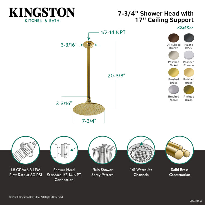 Shower Scape K236K26 7-3/4 Inch Brass Shower Head with 17-Inch Ceiling Support, Polished Nickel