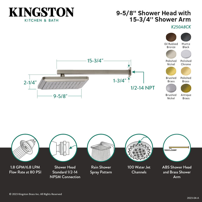 Kingston Sona K250A8CK - Claremont 9-5/8-Inch Square Raindrop ABS Shower Head with 15-3/4-Inch Shower Arm, Brushed Nickel