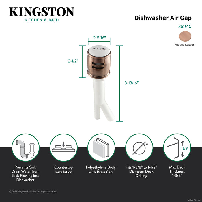 Kingston Heritage K511AC Dishwasher Air Gap with Brass Cover, Antique Copper