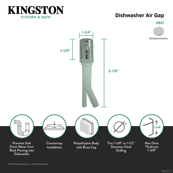 Kingston Trimscape K801 Dishwasher Air Gap with Plastic Cover, Polished Chrome