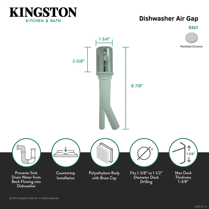 Trimscape K801 Dishwasher Air Gap with Plastic Cover, Polished Chrome