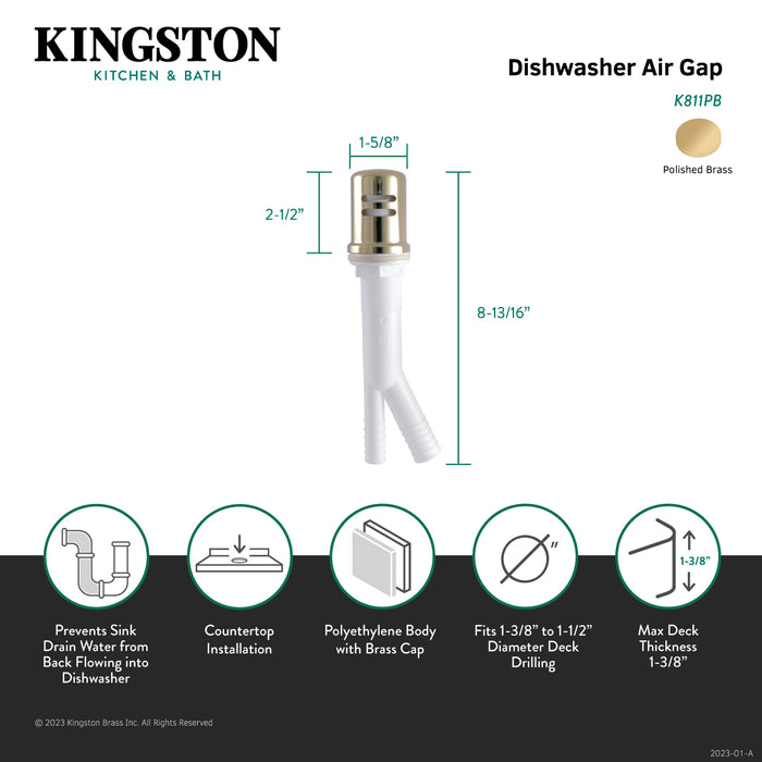 Kingston Trimscape K811PB Dishwasher Air Gap with Brass Cover, Polished Brass