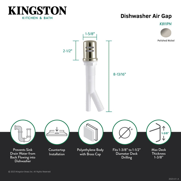 Kingston Trimscape K811PN Dishwasher Air Gap with Brass Cover, Polished Nickel