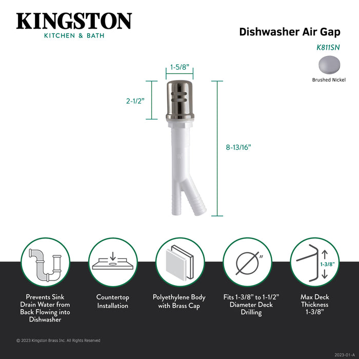 Kingston Trimscape K811SN Dishwasher Air Gap with Brass Cover, Brushed Nickel