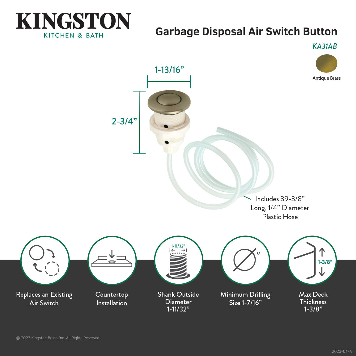 Kingston Brass Trimscape KA31AB Garbage Disposal Air Switch Button, Antique  Brass