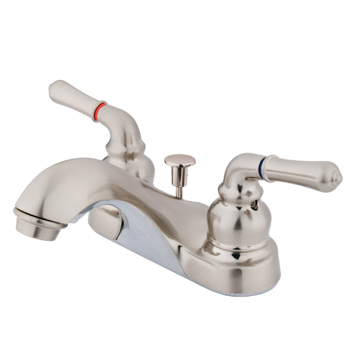 Windsor KB0828 Two-Handle 3-Hole Deck Mount 4" Centerset Bathroom Faucet with Plastic Pop-Up, Brushed Nickel