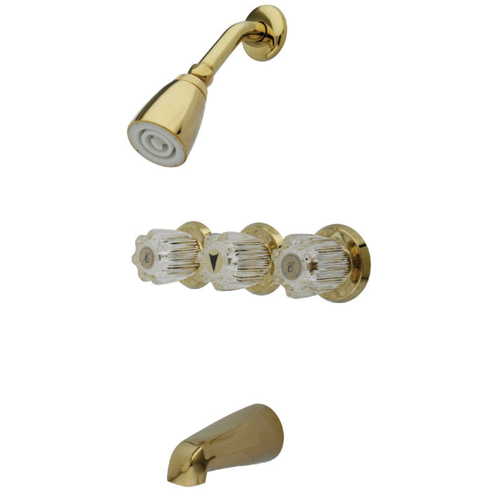 KB132 Three-Handle 5-Hole Wall Mount Tub and Shower Faucet, Polished Brass