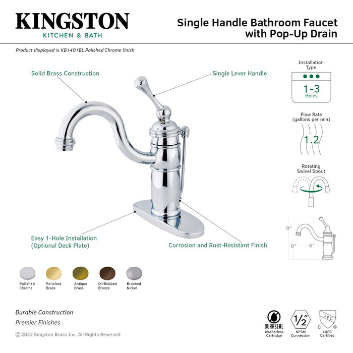 Victorian KB1401BL Single-Handle 1-Hole Deck Mount Bathroom Faucet with Plastic Pop-Up, Polished Chrome