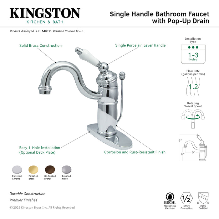 Victorian KB1408PL Single-Handle 1-Hole Deck Mount Bathroom Faucet with Plastic Pop-Up, Brushed Nickel