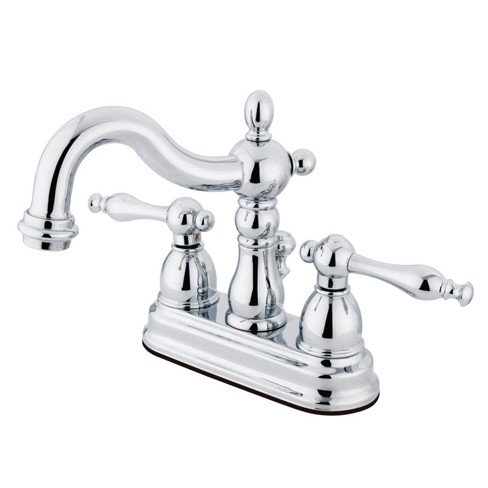 Heritage KB1601NL Two-Handle 3-Hole Deck Mount 4" Centerset Bathroom Faucet with Plastic Pop-Up, Polished Chrome