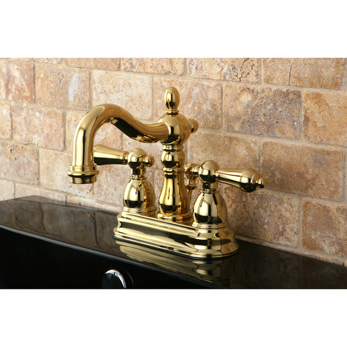 Heritage KB1602AL Two-Handle 3-Hole Deck Mount 4" Centerset Bathroom Faucet with Plastic Pop-Up, Polished Brass