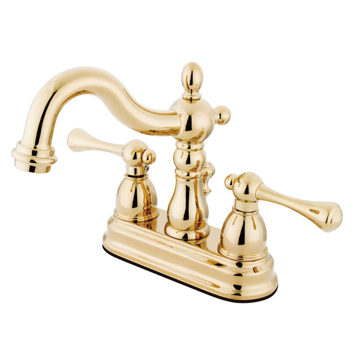 Heritage KB1602BL Two-Handle 3-Hole Deck Mount 4" Centerset Bathroom Faucet with Plastic Pop-Up, Polished Brass