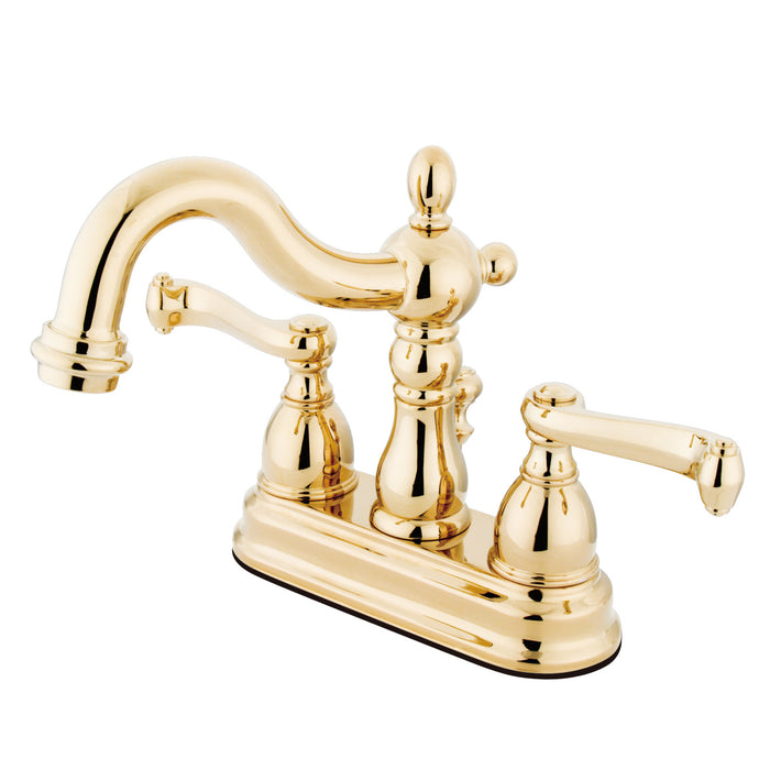 Heritage KB1602FL Two-Handle 3-Hole Deck Mount 4" Centerset Bathroom Faucet with Plastic Pop-Up, Polished Brass