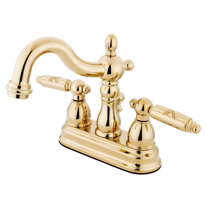 Heritage KB1602GL Two-Handle 3-Hole Deck Mount 4" Centerset Bathroom Faucet with Plastic Pop-Up, Polished Brass