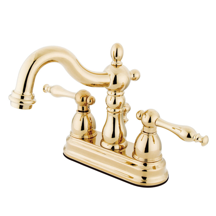 Heritage KB1602NL Two-Handle 3-Hole Deck Mount 4" Centerset Bathroom Faucet with Plastic Pop-Up, Polished Brass