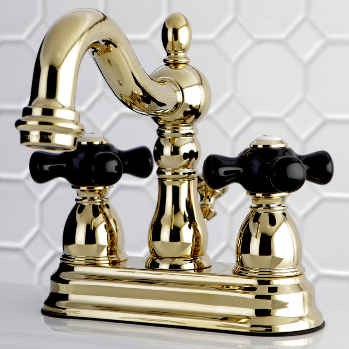 Kingston Heirloom KB1602PKX - Duchess Double-Handle 3-Hole Deck Mount 4-Inch Centerset Bathroom Faucet with Pop-Up Drain, Polished Brass
