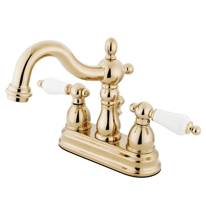 Heritage KB1602PL Two-Handle 3-Hole Deck Mount 4" Centerset Bathroom Faucet with Plastic Pop-Up, Polished Brass