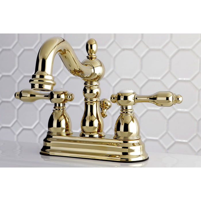 Tudor KB1602TAL Two-Handle 3-Hole Deck Mount 4" Centerset Bathroom Faucet with Plastic Pop-Up, Polished Brass