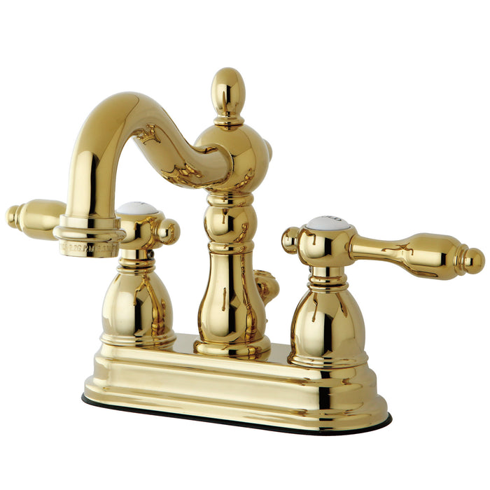 Tudor KB1602TAL Two-Handle 3-Hole Deck Mount 4" Centerset Bathroom Faucet with Plastic Pop-Up, Polished Brass