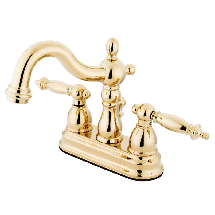 Heritage KB1602TL Two-Handle 3-Hole Deck Mount 4" Centerset Bathroom Faucet with Plastic Pop-Up, Polished Brass