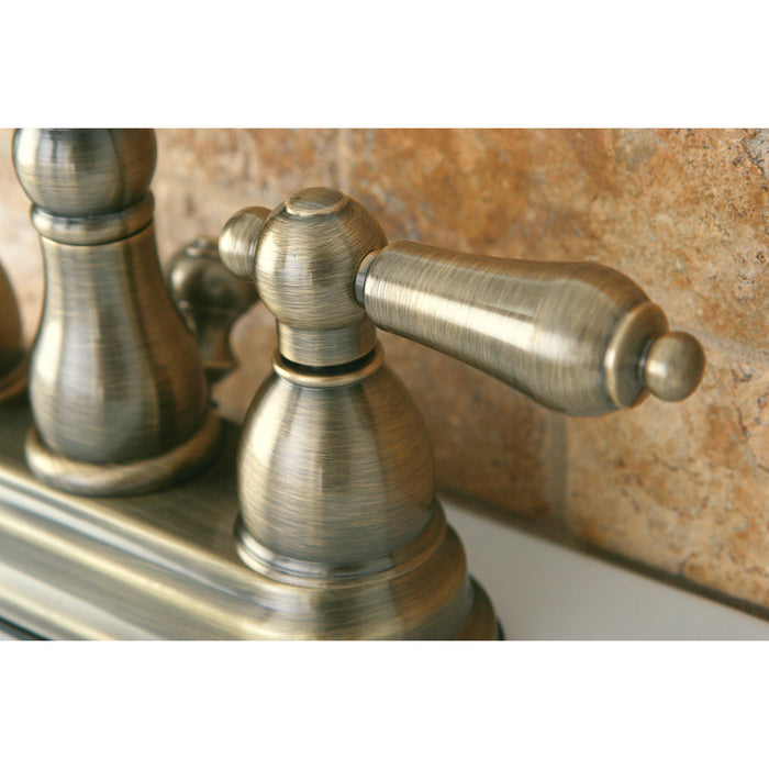 Heritage KB1603AL Two-Handle 3-Hole Deck Mount 4" Centerset Bathroom Faucet with Plastic Pop-Up, Antique Brass