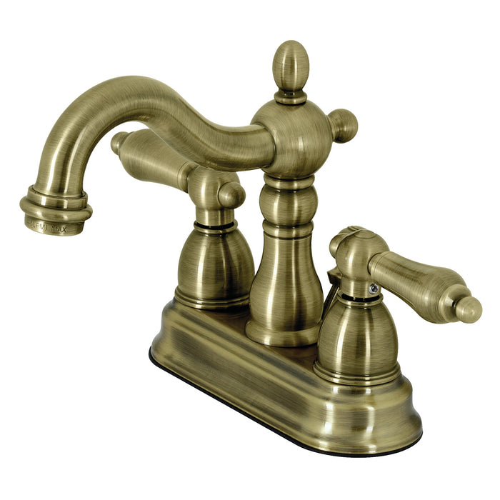 Heritage KB1603AL Two-Handle 3-Hole Deck Mount 4" Centerset Bathroom Faucet with Plastic Pop-Up, Antique Brass