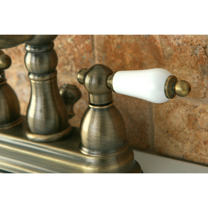 Heritage KB1603PL Two-Handle 3-Hole Deck Mount 4" Centerset Bathroom Faucet with Plastic Pop-Up, Antique Brass