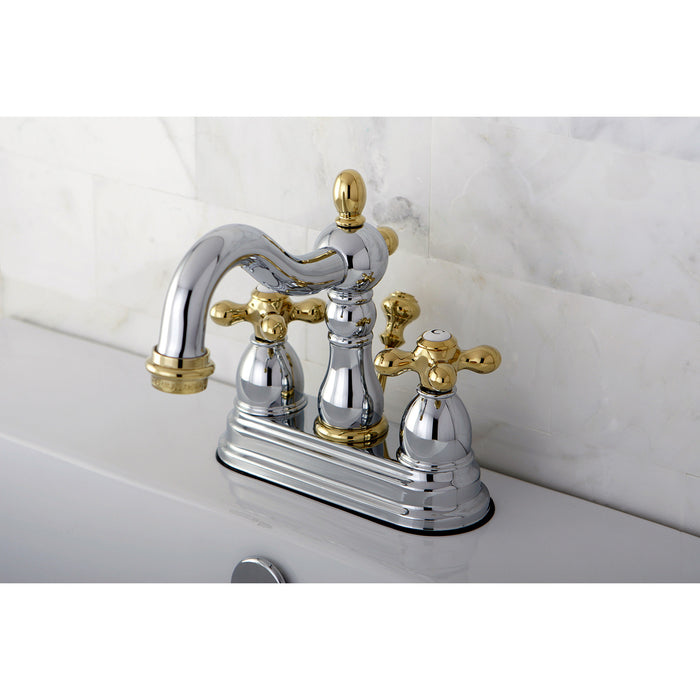 Heritage KB1604AX Two-Handle 3-Hole Deck Mount 4" Centerset Bathroom Faucet with Plastic Pop-Up, Polished Chrome/Polished Brass