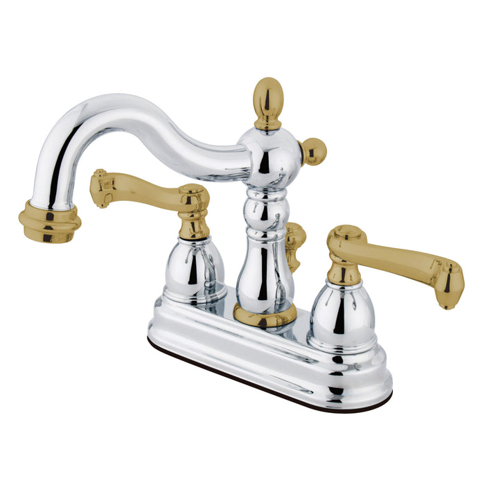 Heritage KB1604FL Two-Handle 3-Hole Deck Mount 4" Centerset Bathroom Faucet with Plastic Pop-Up, Polished Chrome/Polished Brass
