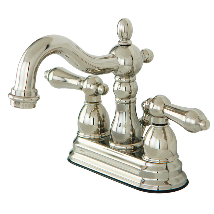 Heritage KB1606AL Two-Handle 3-Hole Deck Mount 4" Centerset Bathroom Faucet with Plastic Pop-Up, Polished Nickel