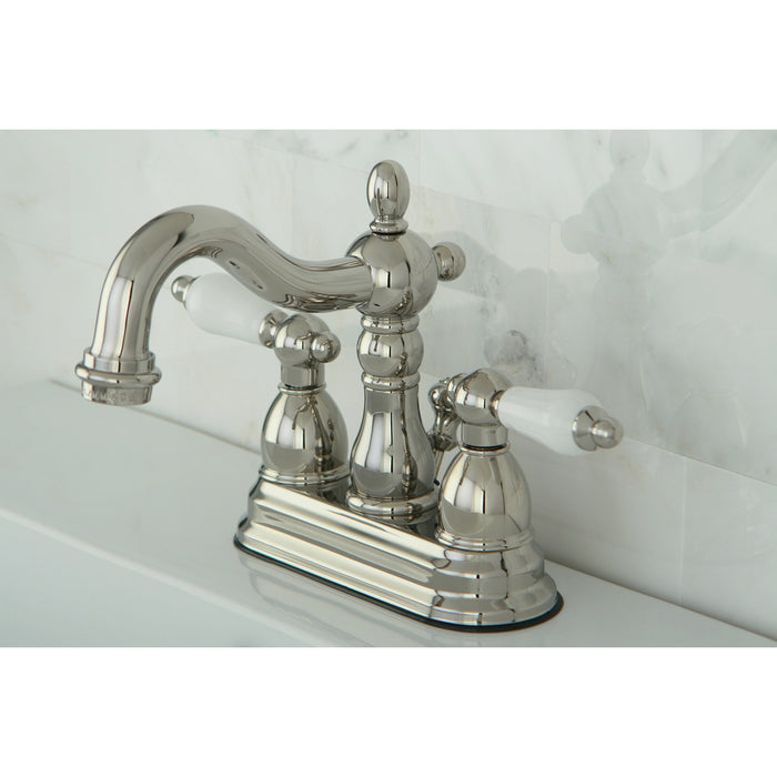 Heritage KB1606PL Two-Handle 3-Hole Deck Mount 4" Centerset Bathroom Faucet with Plastic Pop-Up, Polished Nickel