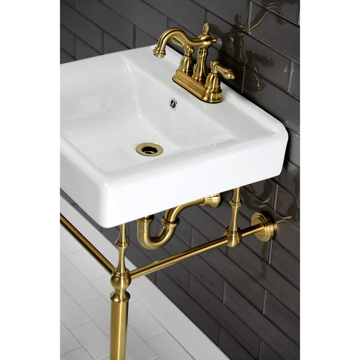 Heritage KB1607AL Two-Handle 3-Hole Deck Mount 4" Centerset Bathroom Faucet with Plastic Pop-Up, Brushed Brass