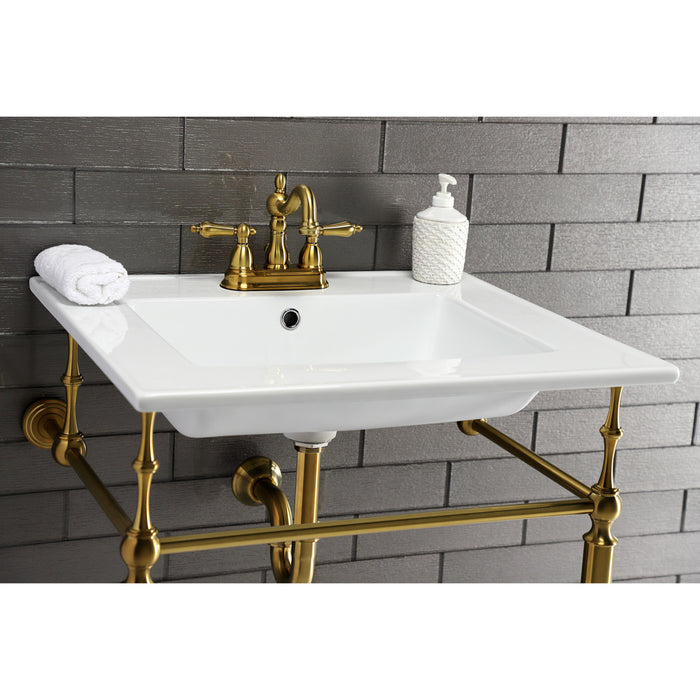 Heritage KB1607AL Two-Handle 3-Hole Deck Mount 4" Centerset Bathroom Faucet with Plastic Pop-Up, Brushed Brass