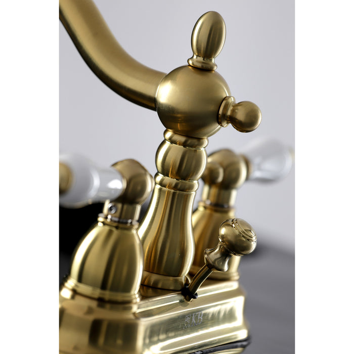Heritage KB1607PL Two-Handle 3-Hole Deck Mount 4" Centerset Bathroom Faucet with Plastic Pop-Up, Brushed Brass