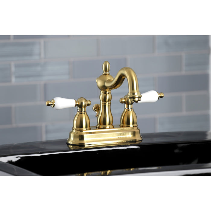 Heritage KB1607PL Two-Handle 3-Hole Deck Mount 4" Centerset Bathroom Faucet with Plastic Pop-Up, Brushed Brass