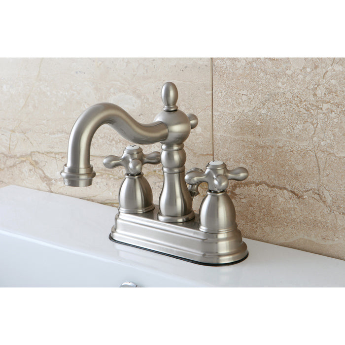 Heritage KB1608AX Two-Handle 3-Hole Deck Mount 4" Centerset Bathroom Faucet with Plastic Pop-Up, Brushed Nickel