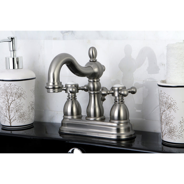 Heritage KB1608BX Two-Handle 3-Hole Deck Mount 4" Centerset Bathroom Faucet with Plastic Pop-Up, Brushed Nickel
