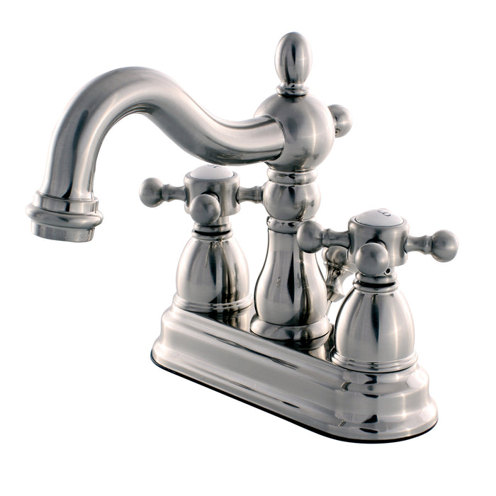 Heritage KB1608BX Two-Handle 3-Hole Deck Mount 4" Centerset Bathroom Faucet with Plastic Pop-Up, Brushed Nickel