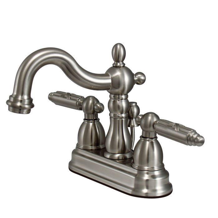 Heritage KB1608GL Two-Handle 3-Hole Deck Mount 4" Centerset Bathroom Faucet with Plastic Pop-Up, Brushed Nickel