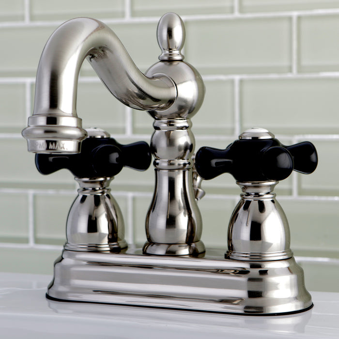Kingston Heirloom KB1608PKX - Duchess Double-Handle 3-Hole Deck Mount 4-Inch Centerset Bathroom Faucet with Pop-Up Drain, Brushed Nickel