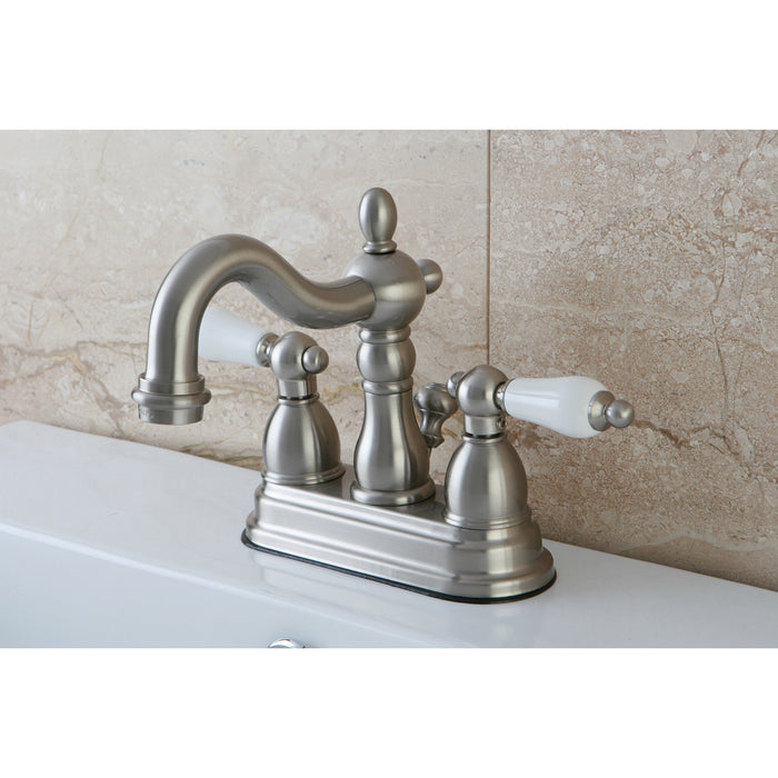 Heritage KB1608PL Two-Handle 3-Hole Deck Mount 4" Centerset Bathroom Faucet with Plastic Pop-Up, Brushed Nickel