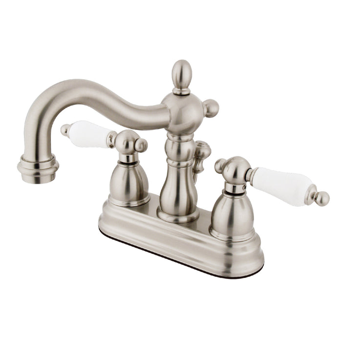 Heritage KB1608PL Two-Handle 3-Hole Deck Mount 4" Centerset Bathroom Faucet with Plastic Pop-Up, Brushed Nickel