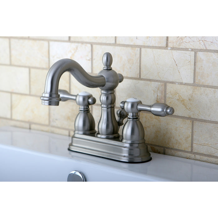 Tudor KB1608TAL Two-Handle 3-Hole Deck Mount 4" Centerset Bathroom Faucet with Plastic Pop-Up, Brushed Nickel