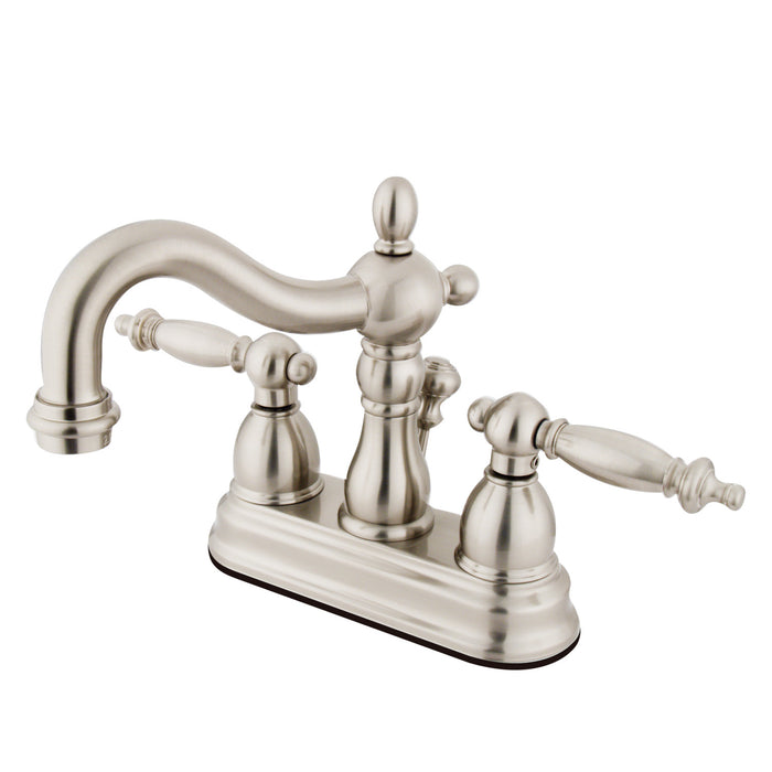 Heritage KB1608TL Two-Handle 3-Hole Deck Mount 4" Centerset Bathroom Faucet with Plastic Pop-Up, Brushed Nickel